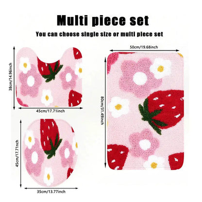 Charming Three-Piece Strawberry Bathroom Rug Set for a Delightful Decor Upgrade - Just The Fly Way