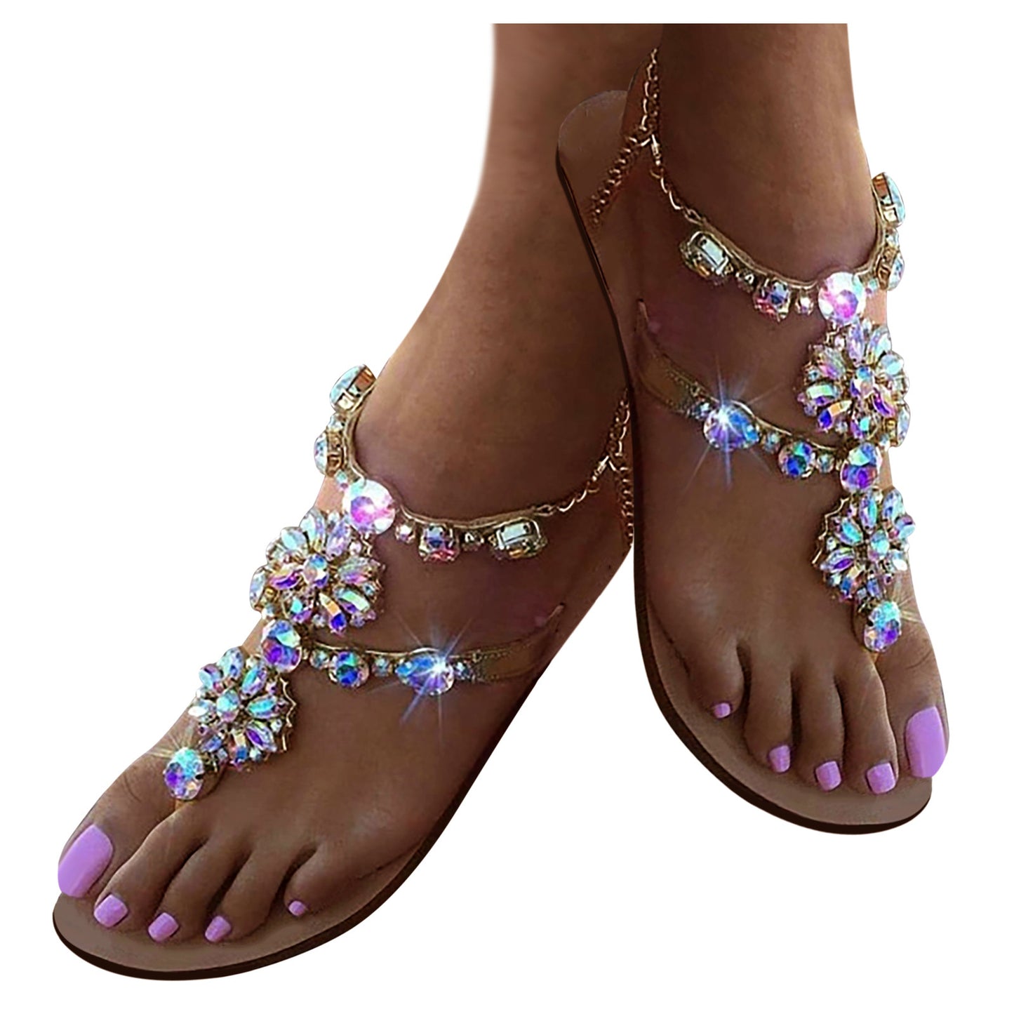 2023 Summer New Women Sandals Casual Flats Rhinestone Round Toe Sandals Buckle Strap Shoes Bohemian Style Flat Sapatos Feminino - Just The Fly Way