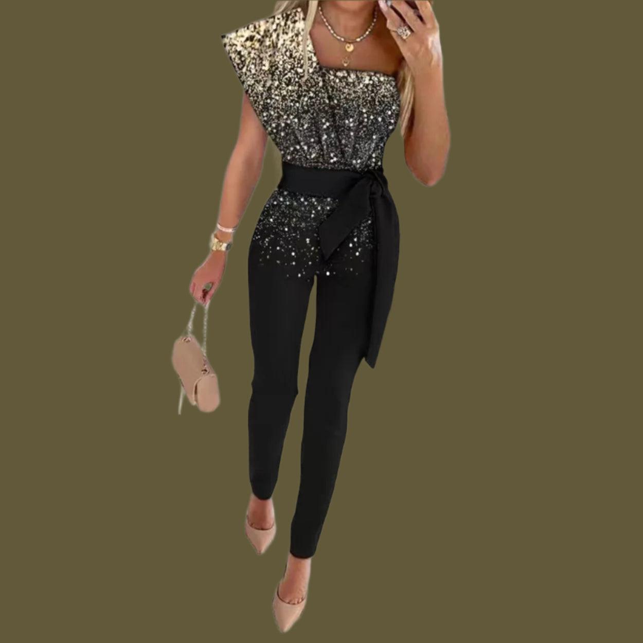 Women's Solid Color Romper, Cut-out Design, Belt Decoration, V-neck Fashion Sequin One-shoulder Bodysuit - Just The Fly Way