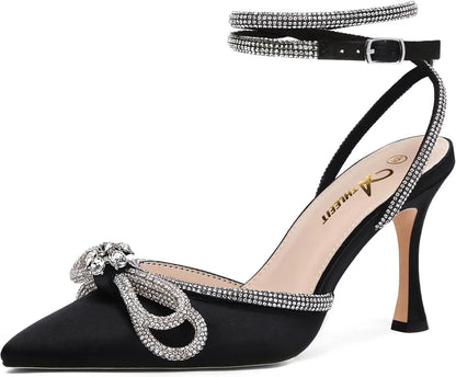 Women's Rhinestone Bow Heels Ankle Strap Pointed Toe Stiletto Heeled Sandals Wedding Bridal Dress Pumps Shoes - Just The Fly Way