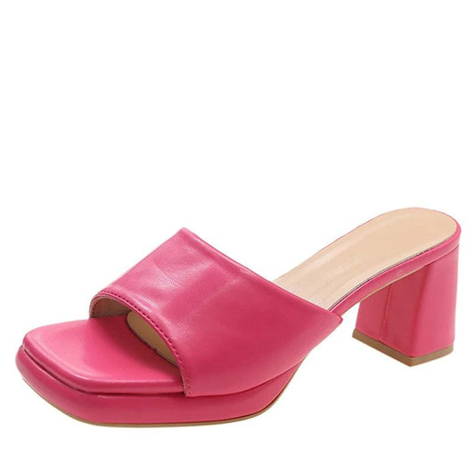 Women's Slide Shoes With Chunky Heels And Peep Toe Design - Just The Fly Way