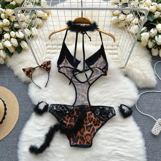 Leopard Print Hollow Out Halter Catsuit Lingerie
