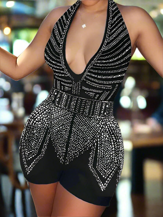 Shine Like A Star With This Elegant Deep-plunge Halter Romper - Just The Fly Way