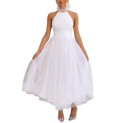 Sexy Halter Holiday Party Dress Women Off Shoulder Mesh Backless Pleated Dress White Vestidos Formal Wedding Gown Long Dress - Just The Fly Way