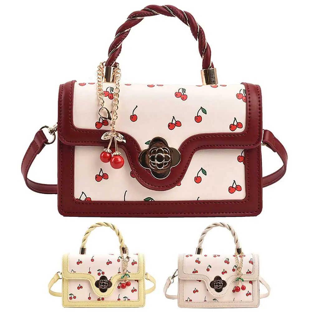 Fashionable, Bold and Beautiful DressStylish Women’s Cherry Square Chain Bag - Versatile PU Leather Crossbody with Sweet Cherry Pattern