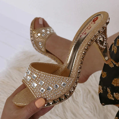 Fashionable, Bold and Beautiful DressSummer Women Sandals Rhinestone Women Shoes Sexy High Heels Shoe Ladies Sandalias Gold Silver Women Slippers Heeled Sandals Sexy