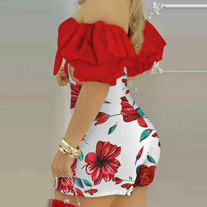 Flower Print, Shorts Romper, Off Shoulder Sleeves, Hollowed Back And Sides - Just The Fly Way