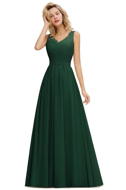 BABYONLINE Elegant Bridesmaid Dress Pleated Bodice See-through Lace Cap Sleeves Maxi Flowy A-Line Skirt Wedding Party Gown Women