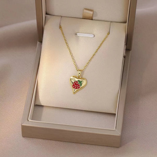 Internet celebrity sweet strawberry zircon ins niche fashion new design-inspired heart fruit titanium steel necklace - Just The Fly Way