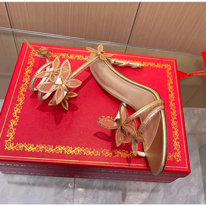 Fashionable, Bold and Beautiful DressLuxury Crystal Embellished Butterfly Detail Women Sandals Sexy Coiled Strap Thin High heels Gladiator sandals Summer Party Shoes