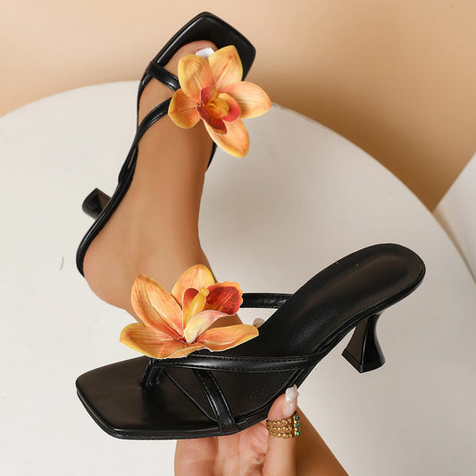 Fashionable, Bold and Beautiful DressWomen's High Heel Sandals with Flower Decorations Sassy Funny Slip-On Shoes PU Upper Thin Heel C Fashion Footwear