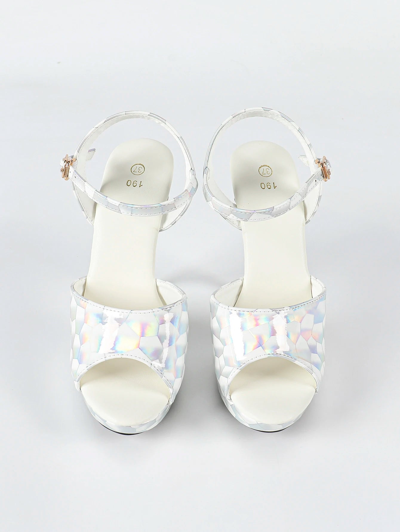 Fashionable, Bold and Beautiful DressHologram Iridescent PU Leather Buckle Strap Sandals For Woman 13CM Stiletto Summer Platform Heels Europe and America Party Shoes