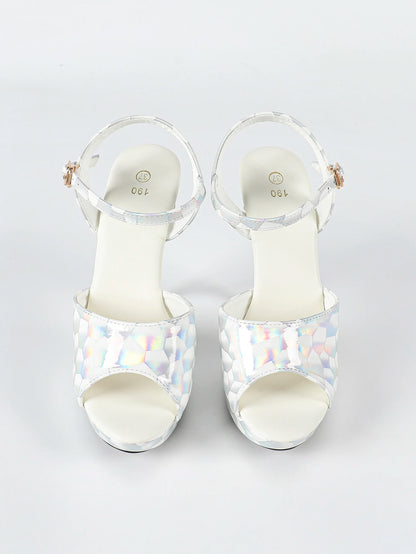 Fashionable, Bold and Beautiful DressHologram Iridescent PU Leather Buckle Strap Sandals For Woman 13CM Stiletto Summer Platform Heels Europe and America Party Shoes