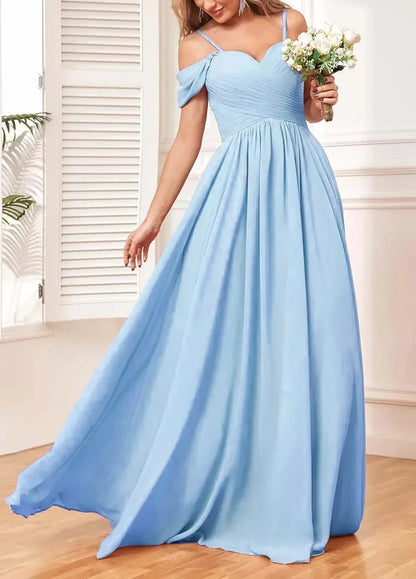 Off The Shoulder, Formal Chiffon Pleated Formal Long Length Evening Gown Customizable - Just The Fly Way