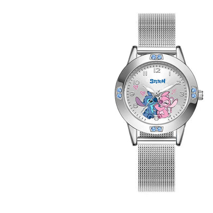 Silver watch with cartoon characters on the dial against a white background