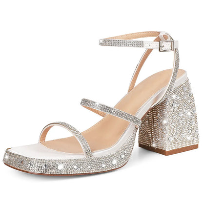 GIGIFOX Shiny Crystals Women Sandals Platform Chunky High Heel Ankle Strap Buckle Strap Shoes Sexy Elegant Dress Party Sandals - Just The Fly Way