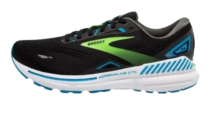 Black running shoe with green and blue accents on a white background