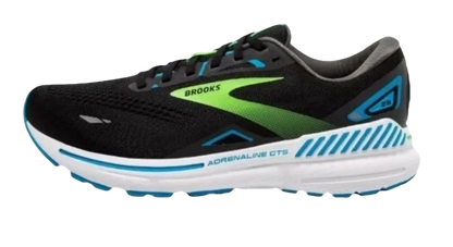 Black running shoe with green and blue accents on a white background
