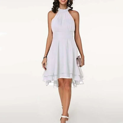 Elegant Solid Color, High Waist, Halter Top, Sleeveless Midi Dress with Cropped Layered Chiffon Slimming Dresses - Just The Fly Way