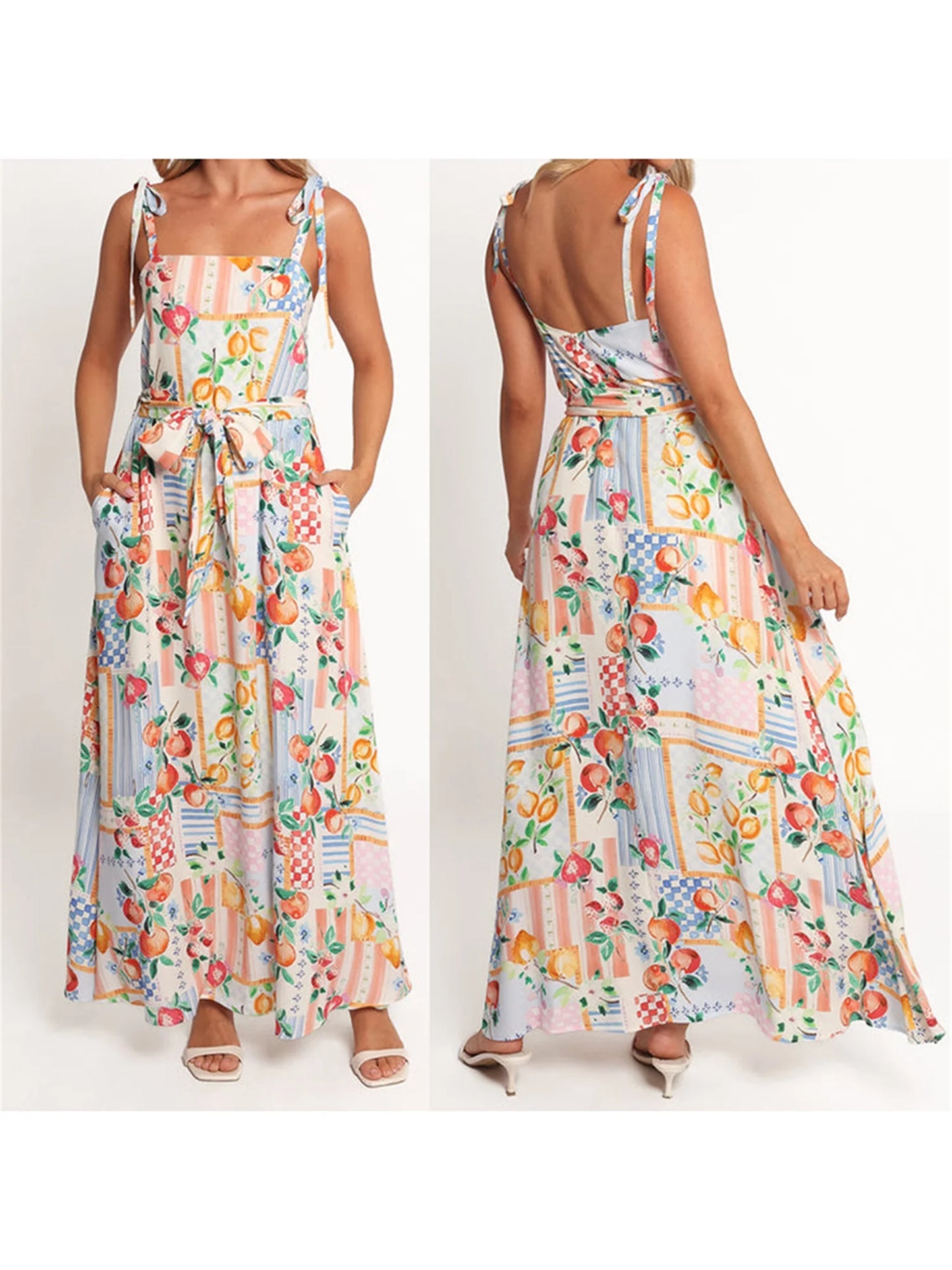 Women s Floral Print Sleeveless Maxi Dress with V-Neckline and Adjustable Spaghetti Straps for Summer Beach Wedding Party - Just The Fly Way