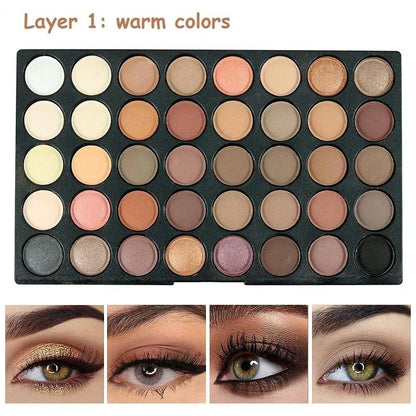 Makeup palette with warm colors and eye makeup application examples.
