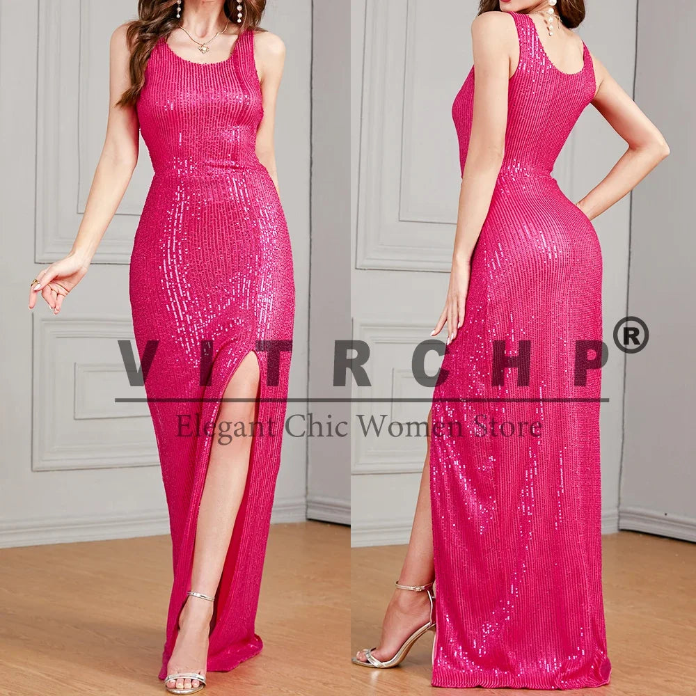 Celebrity Evening Dress Women Sequin Long Prom Dress V Neck Rose Sequin Evening Dress Sexy Party Mermaid Sparkling Maxi Dress - Just The Fly Way
