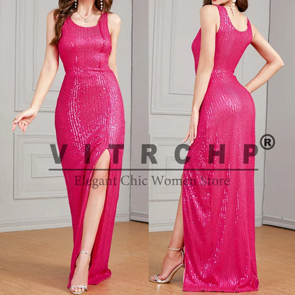 Celebrity Evening Dress Women Sequin Long Prom Dress V Neck Rose Sequin Evening Dress Sexy Party Mermaid Sparkling Maxi Dress - Just The Fly Way