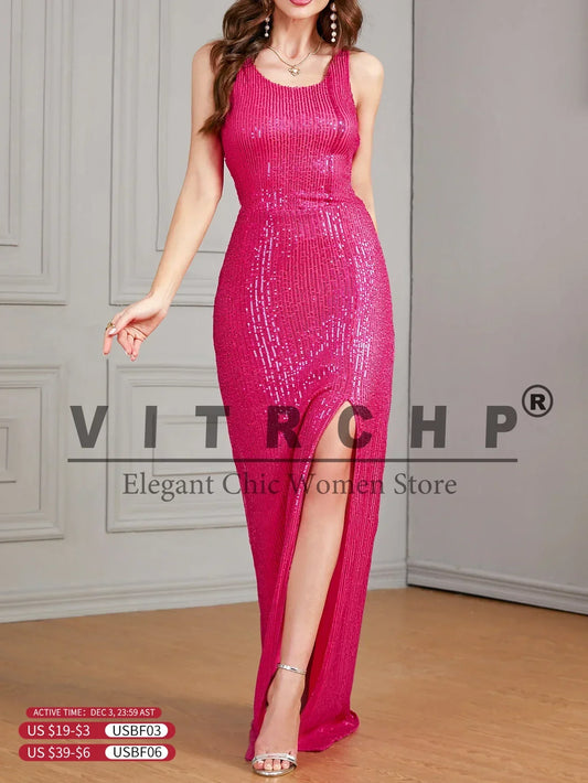 Celebrity Evening Dress Women Sequin Long Prom Dress V Neck Rose Sequin Evening Dress Sexy Party Mermaid Sparkling Maxi Dress - Just The Fly Way