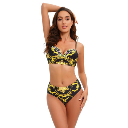 Three Piece Push Up Bikini Set, Black Gold Swimsuit with Skirt Cover Up - Just The Fly Way