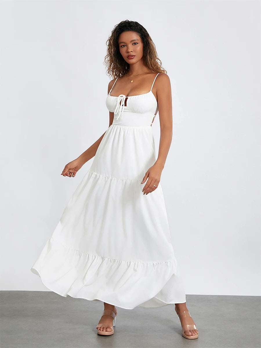 Women s Elegant Floral Print Maxi Dress with V-Neckline and Adjustable Spaghetti Straps for Summer Beach Vacation - Just The Fly Way