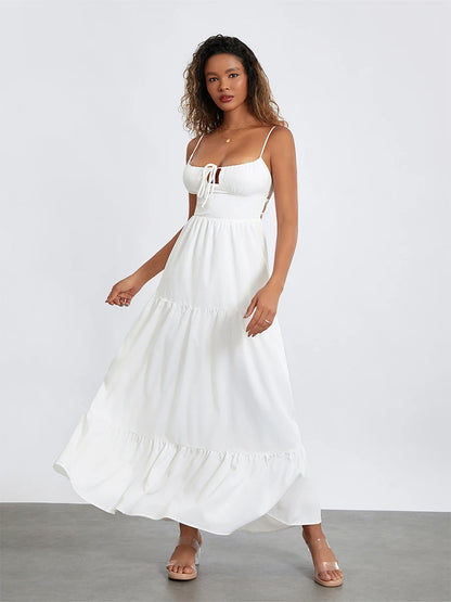 Women s Elegant Floral Print Maxi Dress with V-Neckline and Adjustable Spaghetti Straps for Summer Beach Vacation - Just The Fly Way