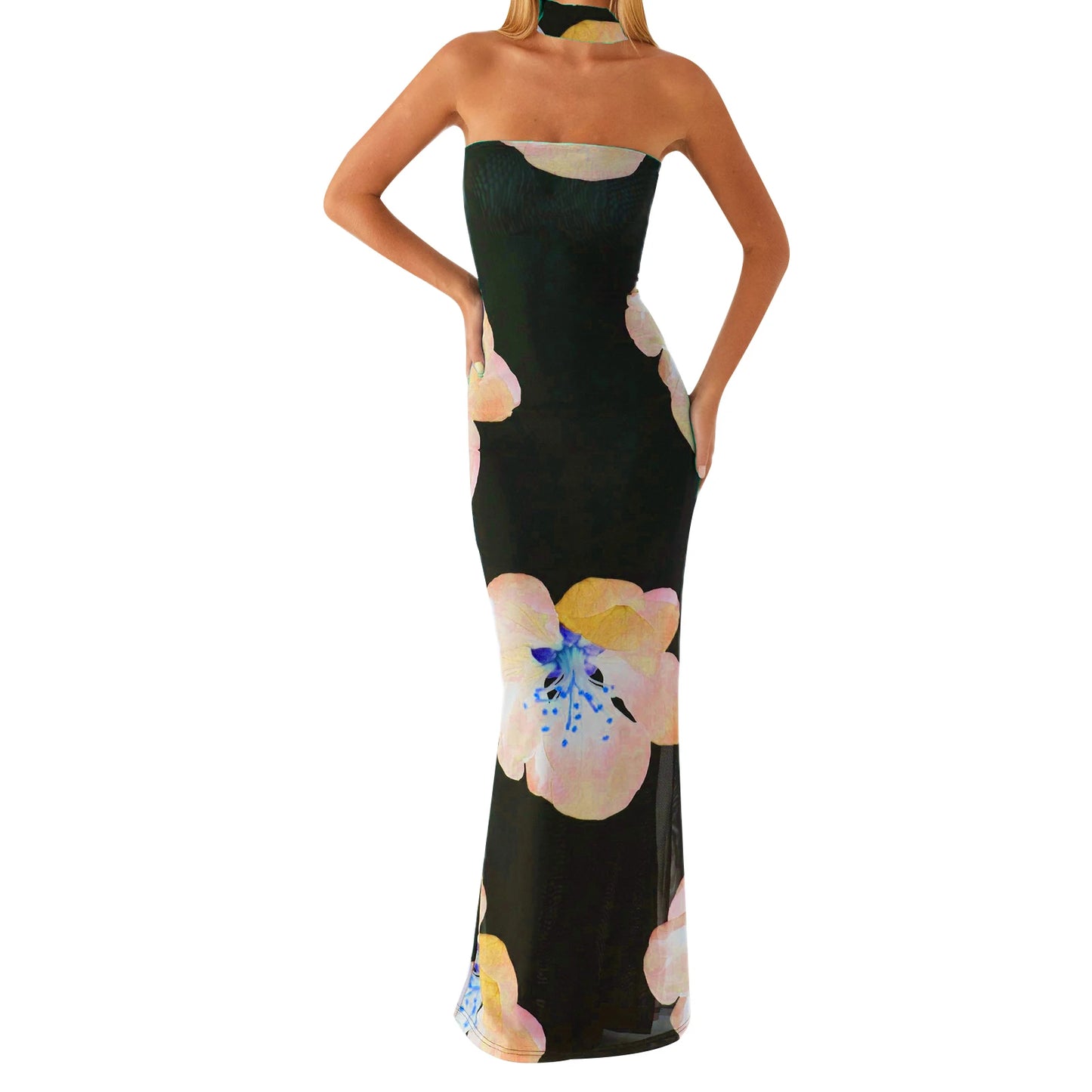 Elegant Lace Halter Neck Maxi Dress with Ruffle Hem and Matching Belt for Women Wedding Party Evening Gown - Just The Fly Way