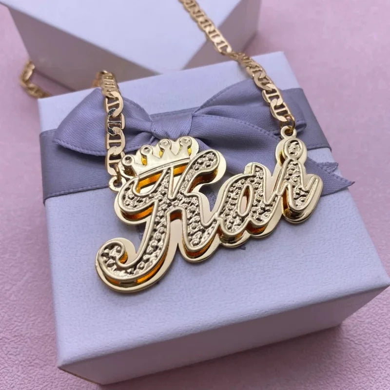 Fashionable, Bold and Beautiful DressCustom 3D Name Necklace with Crown Personalized Double Layer Pendant Flat Chain Stainless Steel Jewelry For Women - Just The Fly Way