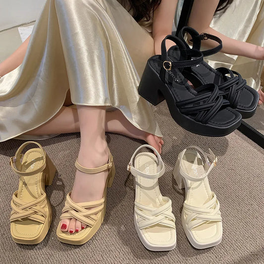 Fashionable, Bold and Beautiful DressWomen's Waterproof Wedge Platform Sandals Casual Fashionable Buckle Strap High Heel Square Toe Modern Sandals