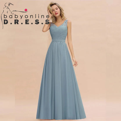 BABYONLINE Elegant Bridesmaid Dress Pleated Bodice See-through Lace Cap Sleeves Maxi Flowy A-Line Skirt Wedding Party Gown Women