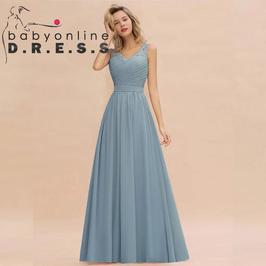 BABYONLINE Elegant Bridesmaid Dress Pleated Bodice See-through Lace Cap Sleeves Maxi Flowy A-Line Skirt Wedding Party Gown Women