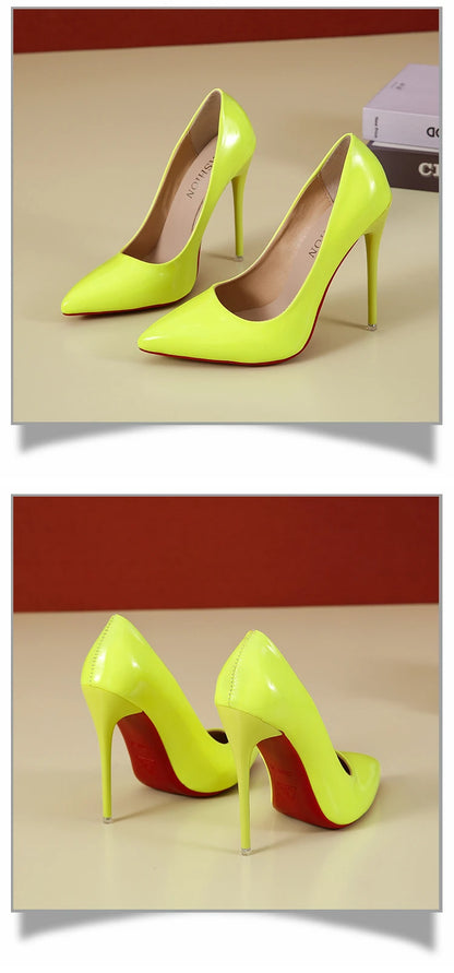 Fashionable, Bold and Beautiful DressTemperament 12cm Super High Thin Heels Shoes Women Pumps Pointed Toe Colorful Patent Leather Stiletto Wedding Shoe Size 45