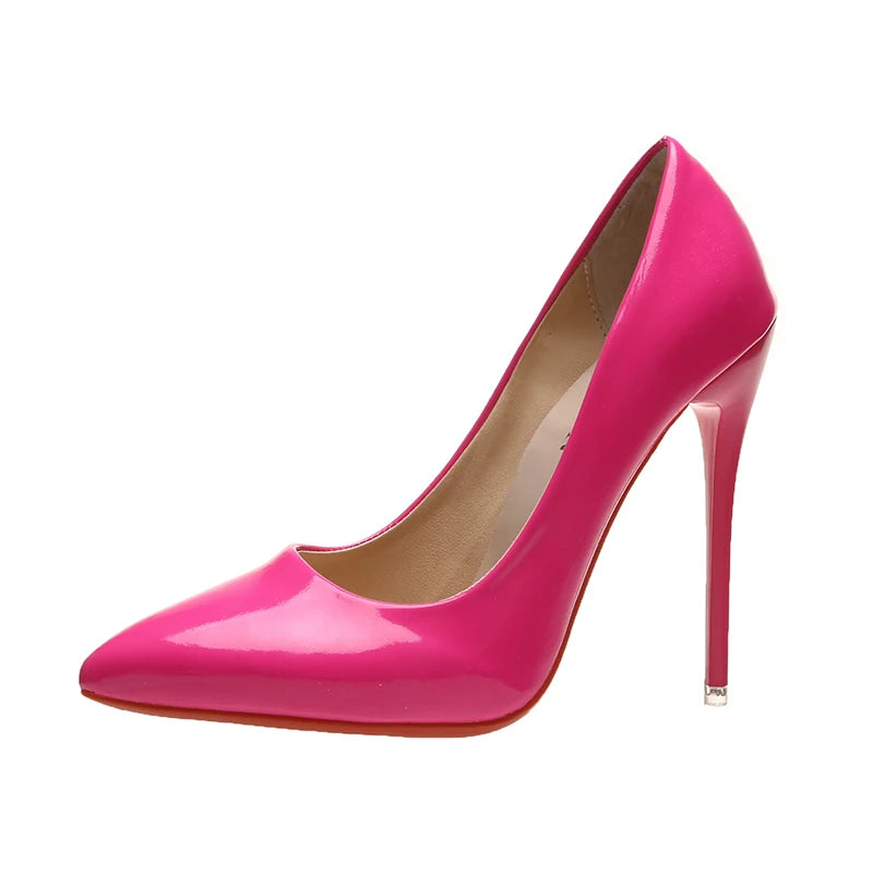 Fashionable, Bold and Beautiful DressTemperament 12cm Super High Thin Heels Shoes Women Pumps Pointed Toe Colorful Patent Leather Stiletto Wedding Shoe Size 45