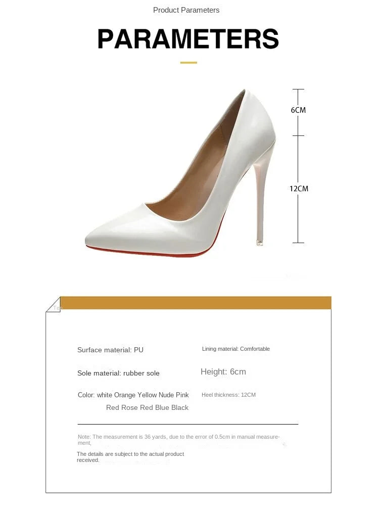Fashionable, Bold and Beautiful DressTemperament 12cm Super High Thin Heels Shoes Women Pumps Pointed Toe Colorful Patent Leather Stiletto Wedding Shoe Size 45