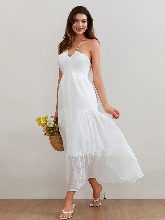 Elegant Sleeveless Maxi Dress with Halter Neckline and Backless Design Perfect for Summer Beach Parties and Casual Events - Just The Fly Way