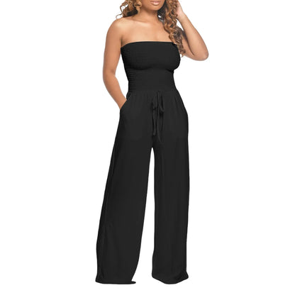 Elegant Soft Lace Jumpsuits Glitter Romper Women Solid Ruffle Lace Sleeveless Lace Up Jumpsuit Medium Length Straight Trousers - Just The Fly Way