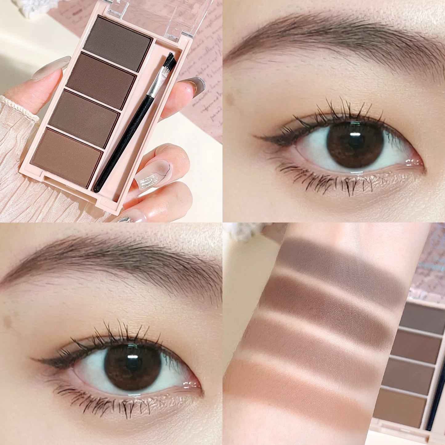 Fashionable, Bold and Beautiful DressA set of 4-color eyebrow powder trays with brushes in gray and brown matte tones for long-lasting color rendering, filling and s