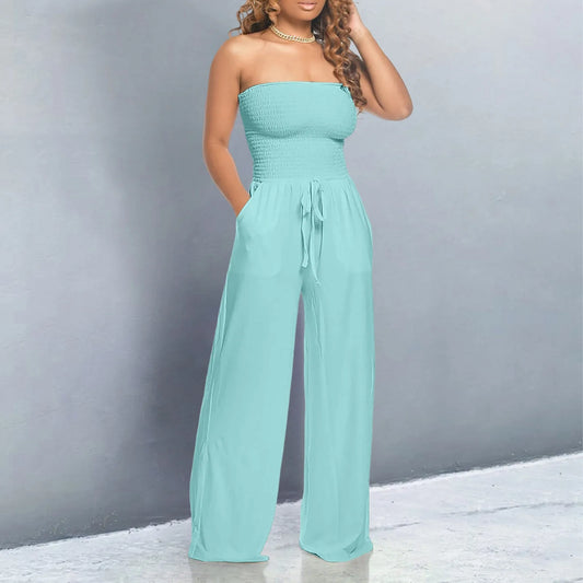Elegant Soft Lace Jumpsuits Glitter Romper Women Solid Ruffle Lace Sleeveless Lace Up Jumpsuit Medium Length Straight Trousers - Just The Fly Way