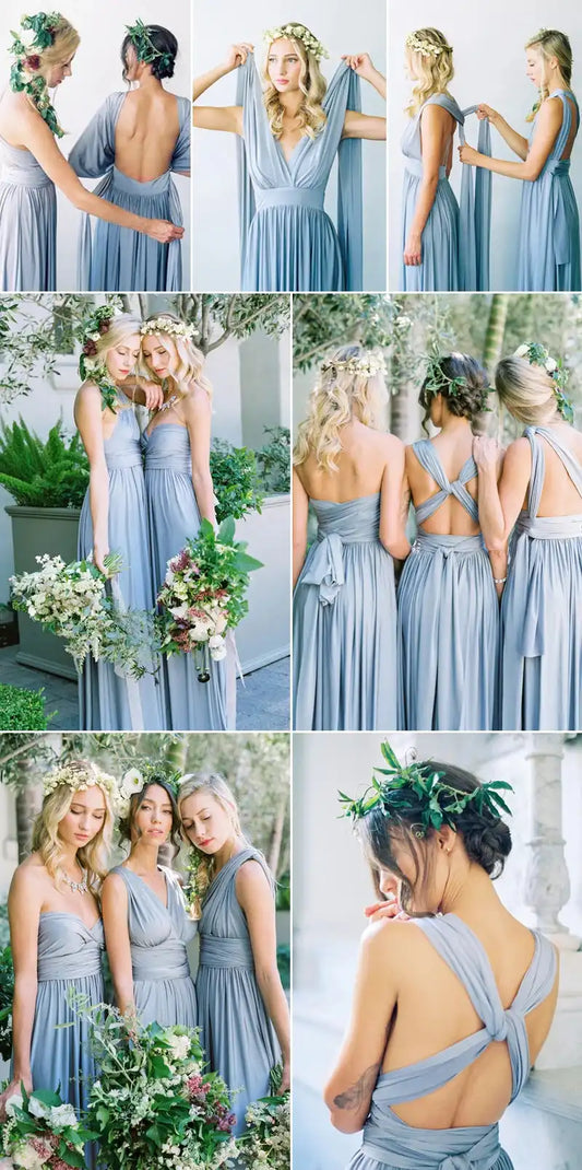 Bridesmaids wearing BABYONLINE Convertible Gown in grey-blue, styled in halter and criss-cross back designs. Floor-length and sleeveless.