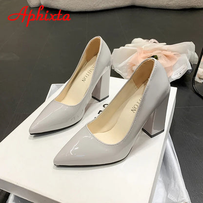 Women's Patent Leather 10cm Square Heel Shoes by Aphixta - Extended Sizes 31-50