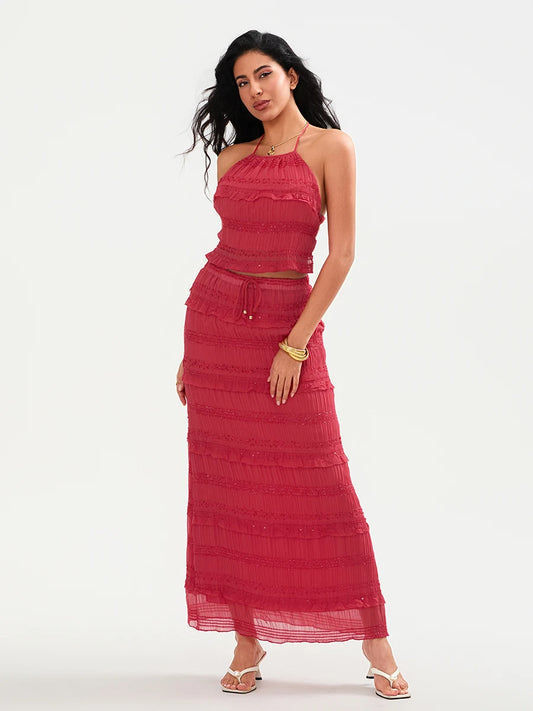 Elegant Floral Print Off-Shoulder Ruffle Sleeve Crop Top and High Waist Maxi Skirt 2 Piece Set for Women Summer Outfit - Just The Fly Way