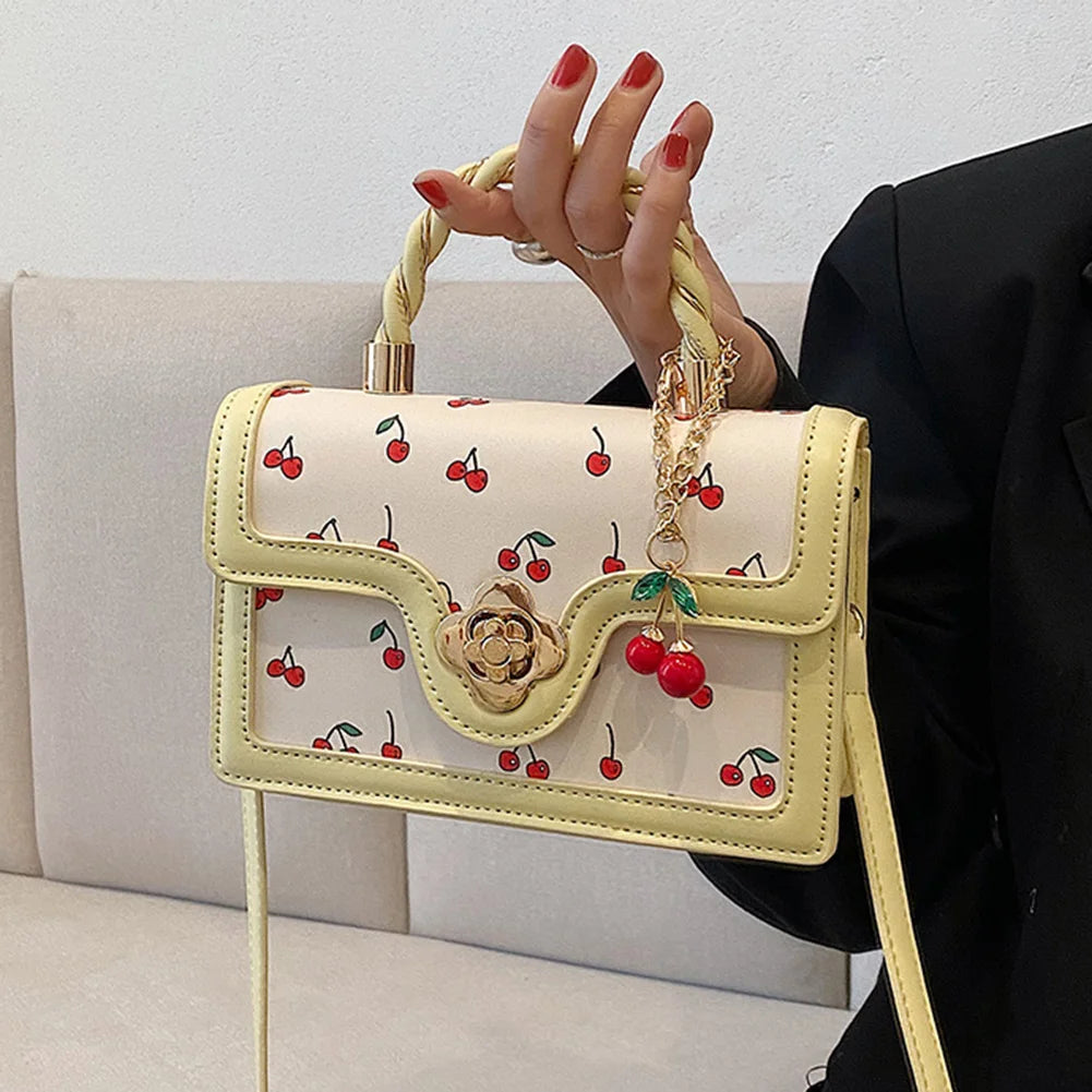 Fashionable, Bold and Beautiful DressStylish Women’s Cherry Square Chain Bag - Versatile PU Leather Crossbody with Sweet Cherry Pattern
