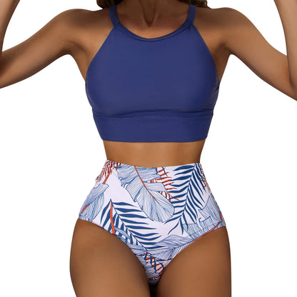Fashionable, Bold and Beautiful DressWomen'S Tropical Printed Sexy Split Swimsuit Sports Tight Fitting High Waist Bikini Set High Elastic Swimwear Women'S Swimsuit