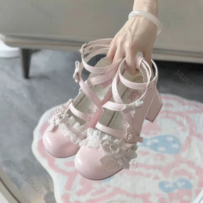 Fashionable, Bold and Beautiful DressLolita Red High Heels Cute pumps Shoes spring Autumn Lace Thick high heels Single Shoes Patent Leather Mary Jane Women's Shoes