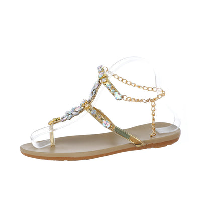 2023 Summer New Women Sandals Casual Flats Rhinestone Round Toe Sandals Buckle Strap Shoes Bohemian Style Flat Sapatos Feminino - Just The Fly Way